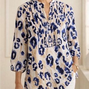 Blue Tan Leopard Print Pleated V-Neck 3/4 Sleeve Tunic Top Women Size 3 - XL